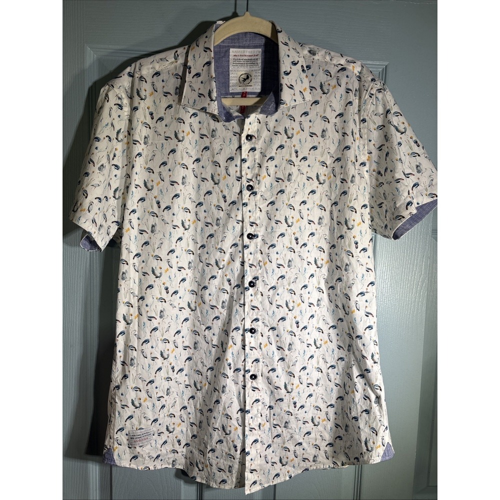 A Fish Named Fred Tropical Birds Short Sleeve Cotton Button Down Shirt XL